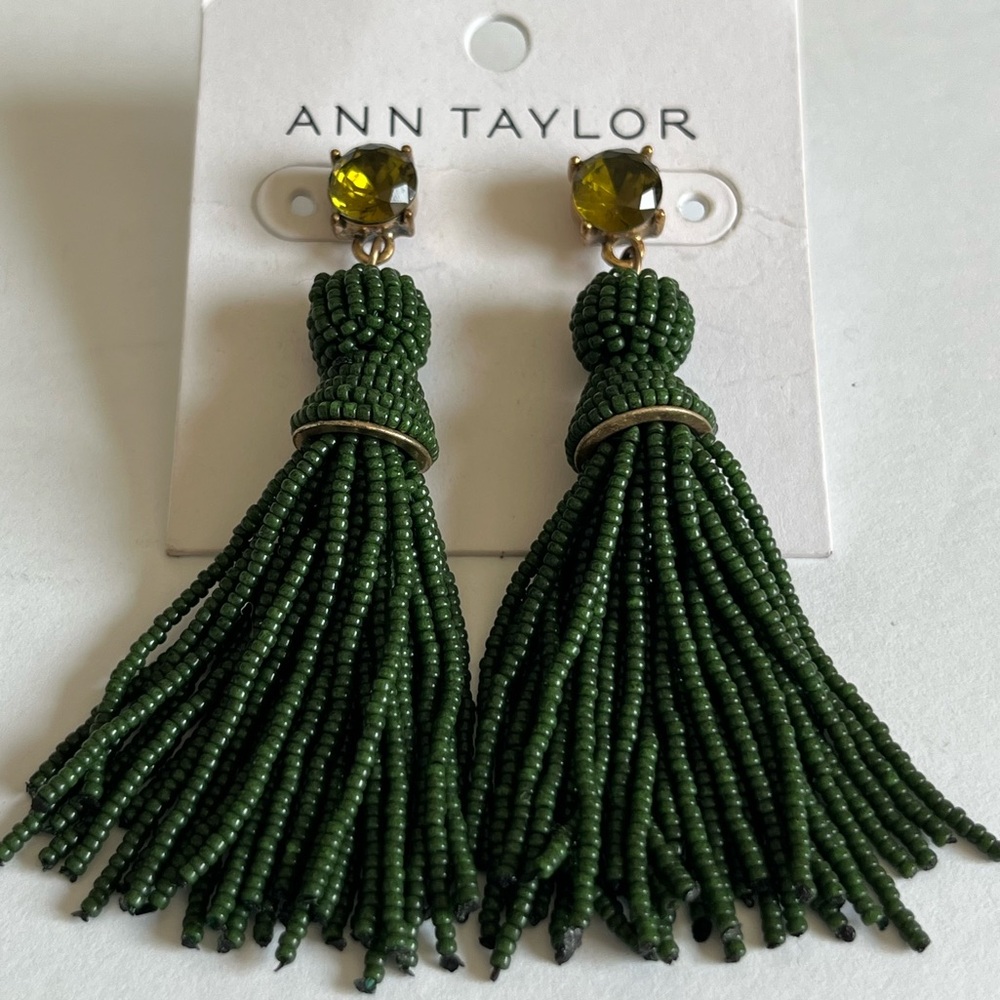 NWT Ann Taylor Seed Beads Tassel Green Back Post Earrings